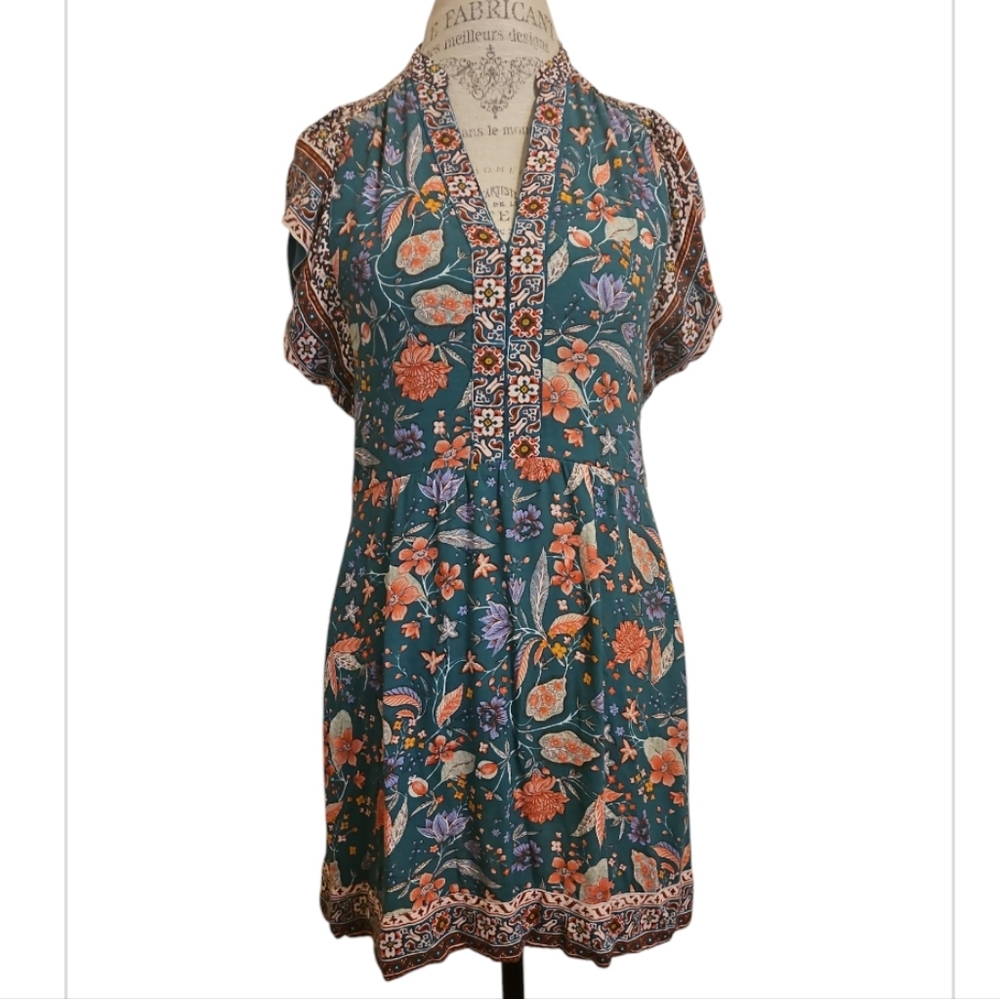 Anthropologie V Neck Floral Bohemian Border Print Dress Size XS